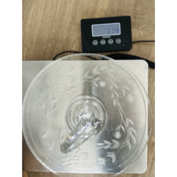 Vintage Tidbit 11” Serving Tray Dish Etched Glass Handle Floral Scallop Trim - Picture 10 of 16